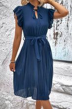 Load image into Gallery viewer, Tie Neck Belted Pleated Dress