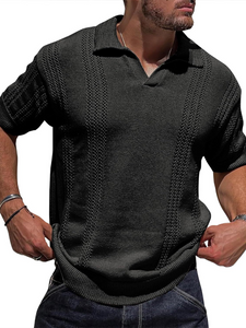 Men's Knitted POLO Shirt Short Sleeve V-Neck Loose Solid Color Top