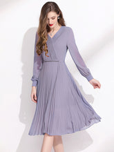 Load image into Gallery viewer, Women&#39;s V-Neck Long Sleeve Pleated Midi Dress