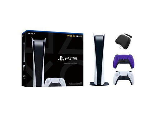 PlayStation 5 Digital Edition with Two Controllers White and Galactic Purple DualSense and Mytrix Hard Shell Protective Controller Case