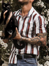 Load image into Gallery viewer, Casual striped slim-fit lapel cotton thin youth short-sleeved lapel shirt cardigan