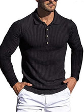Load image into Gallery viewer, Men&#39;s High Elastic Vertical Strip Long Sleeve POLO Shirt Slim Knit Bottom Shirt Polo Shirt