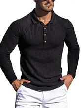 Load image into Gallery viewer, Men&#39;s High Elastic Vertical Strip Long Sleeve POLO Shirt Slim Knit Bottom Shirt Polo Shirt