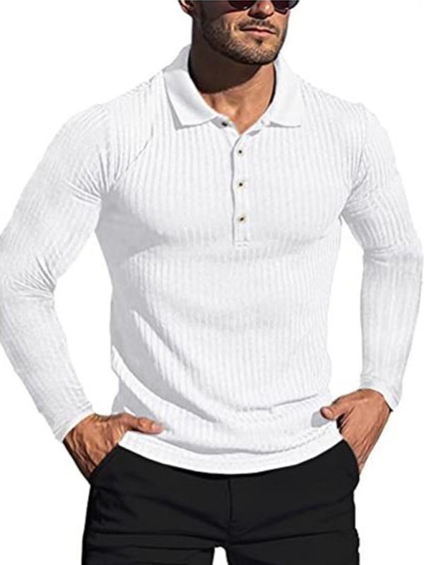 Men's High Elastic Vertical Strip Long Sleeve POLO Shirt Slim Knit Bottom Shirt Polo Shirt